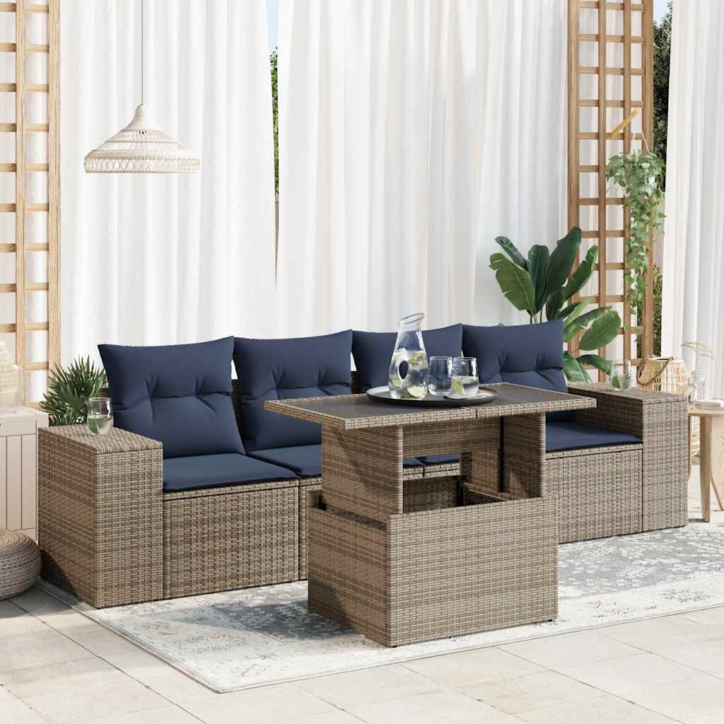 5 Piece Garden Sofa Set With Cushions Poly Rattan Acacia
