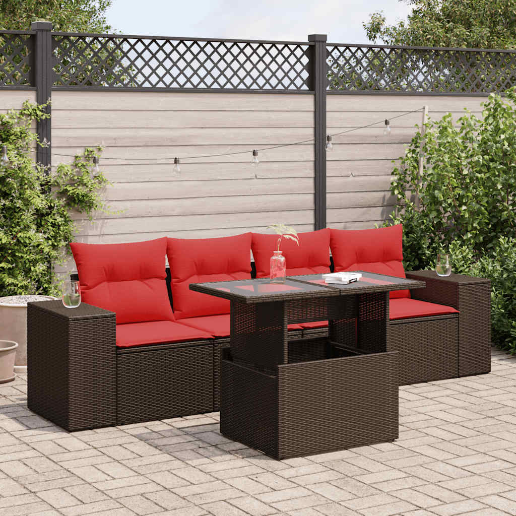 5 Piece Garden Sofa Set With Cushions Poly Rattan Acacia