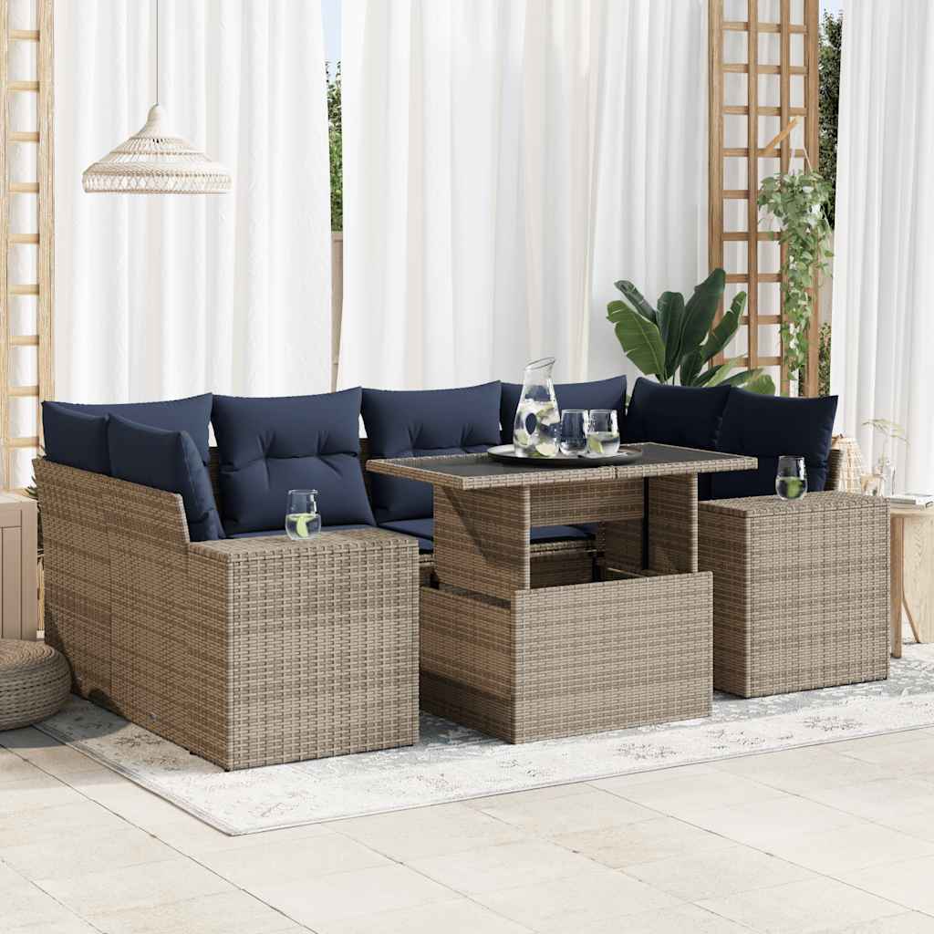 7 Piece Garden Sofa Set With Cushions Poly Rattan Acacia