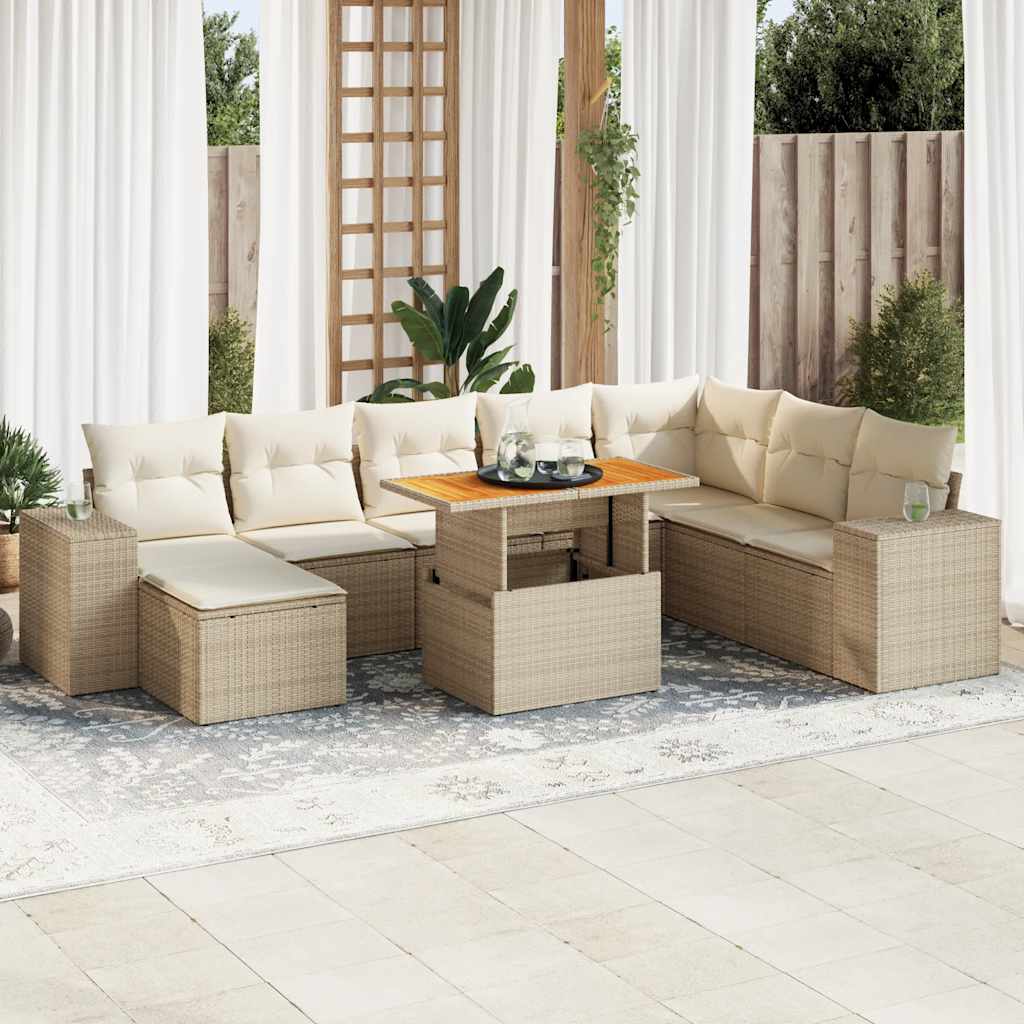 9 Piece Garden Sofa Set With Cushions Beige Poly Rattan Acacia