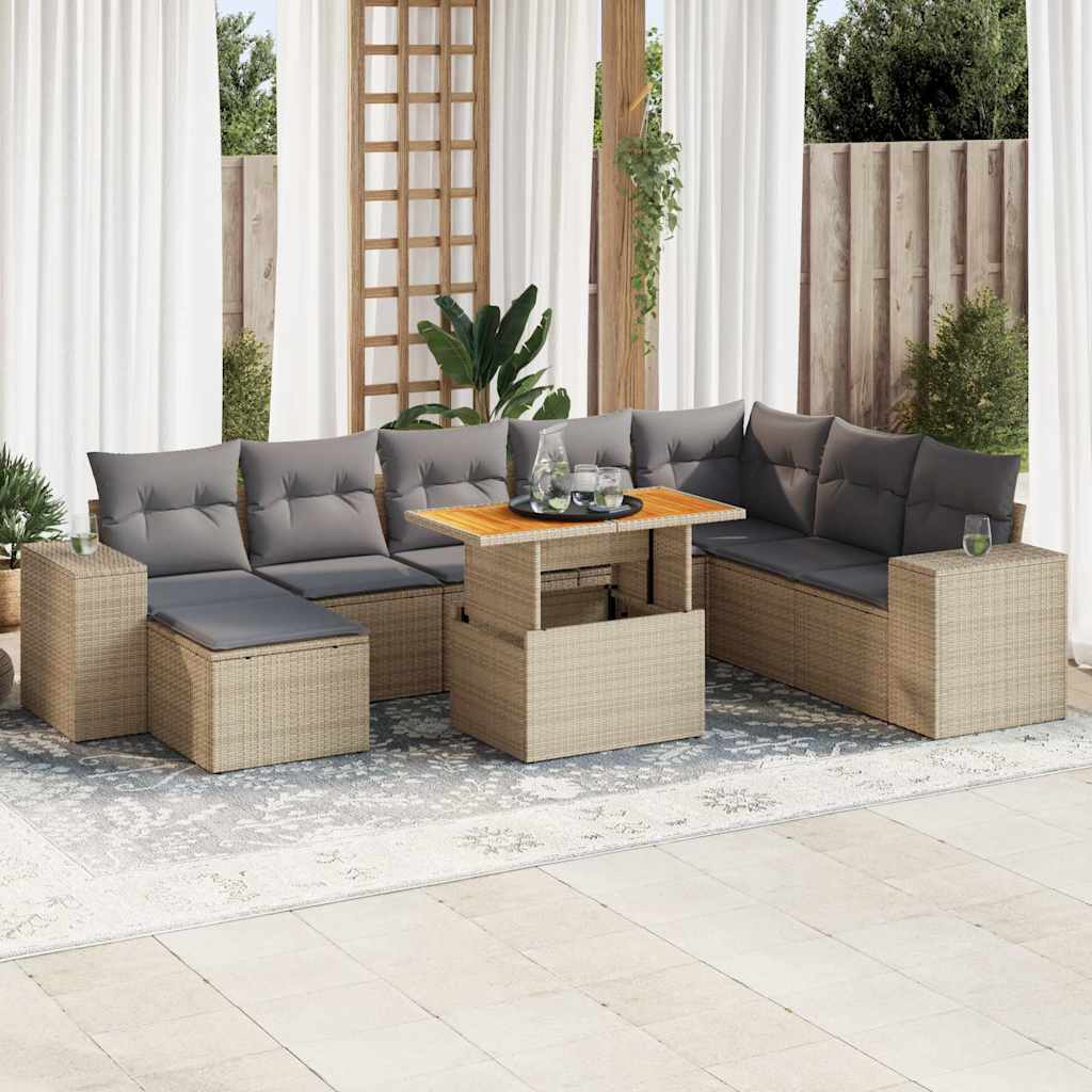 9 Piece Garden Sofa Set With Cushions Beige Poly Rattan Acacia