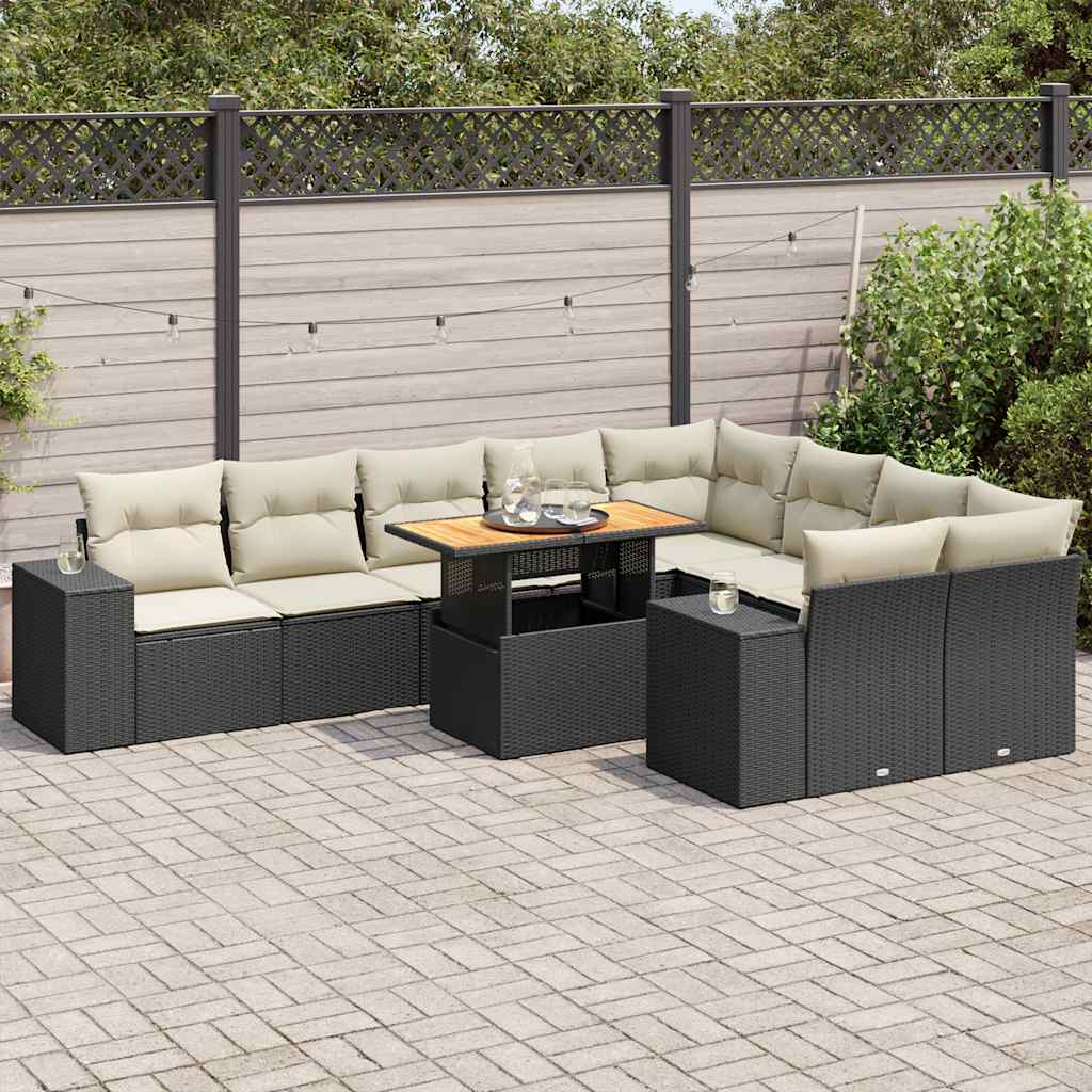 10 Piece Garden Sofa Set With Cushions Black Poly Rattan Acacia