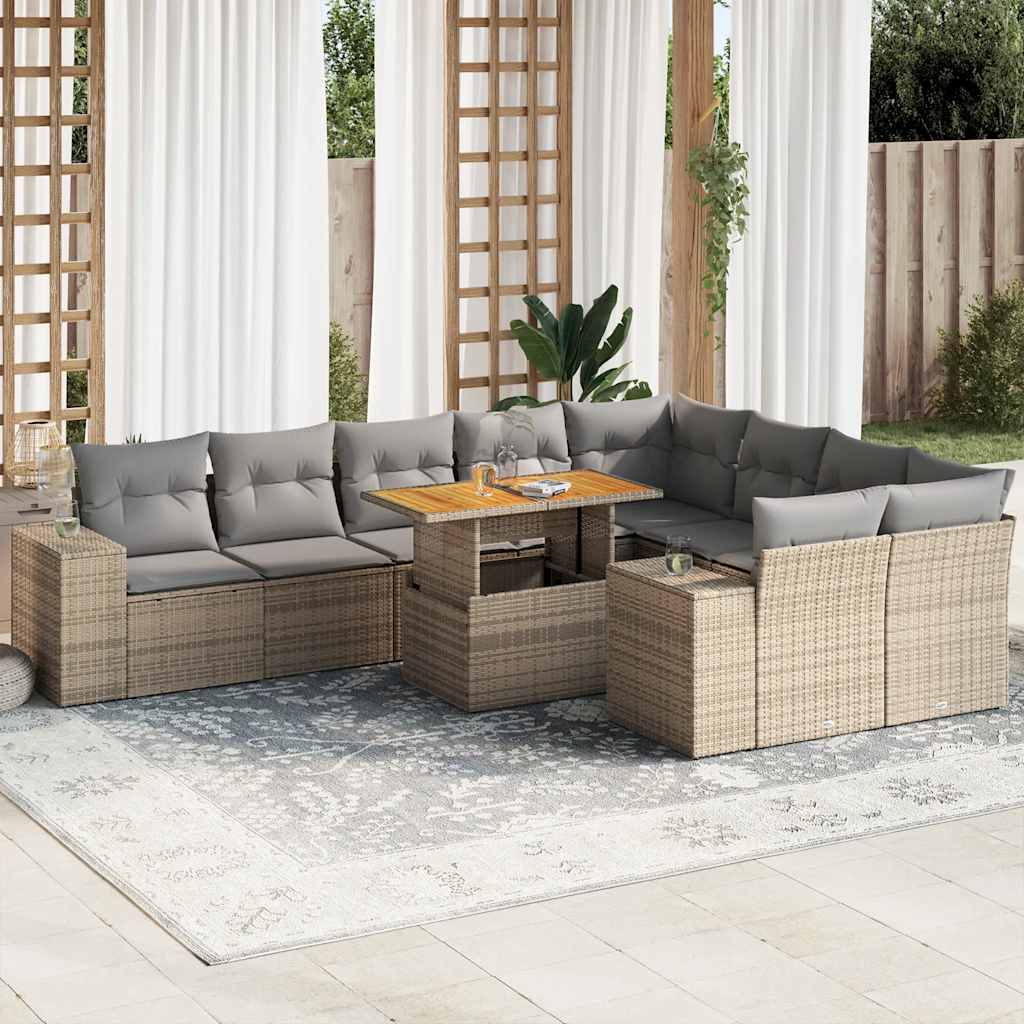 10 Piece Garden Sofa Set With Cushions Black Poly Rattan Acacia