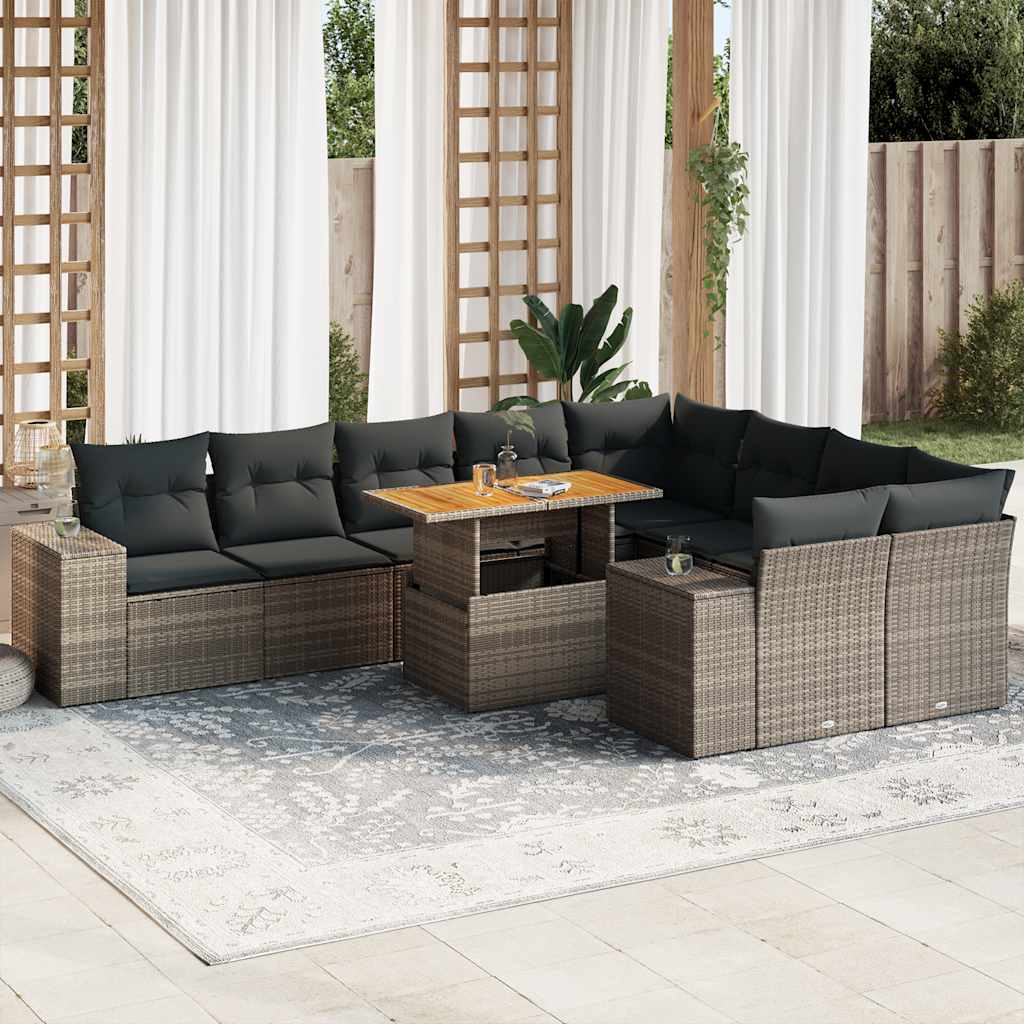 10 Piece Garden Sofa Set With Cushions Black Poly Rattan Acacia