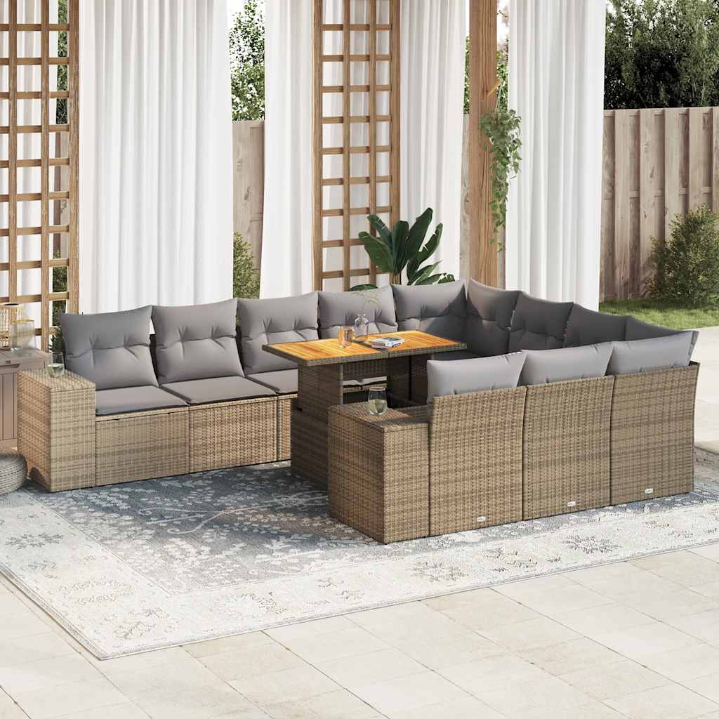 10 Piece Garden Sofa Set With Cushions Black Poly Rattan Acacia