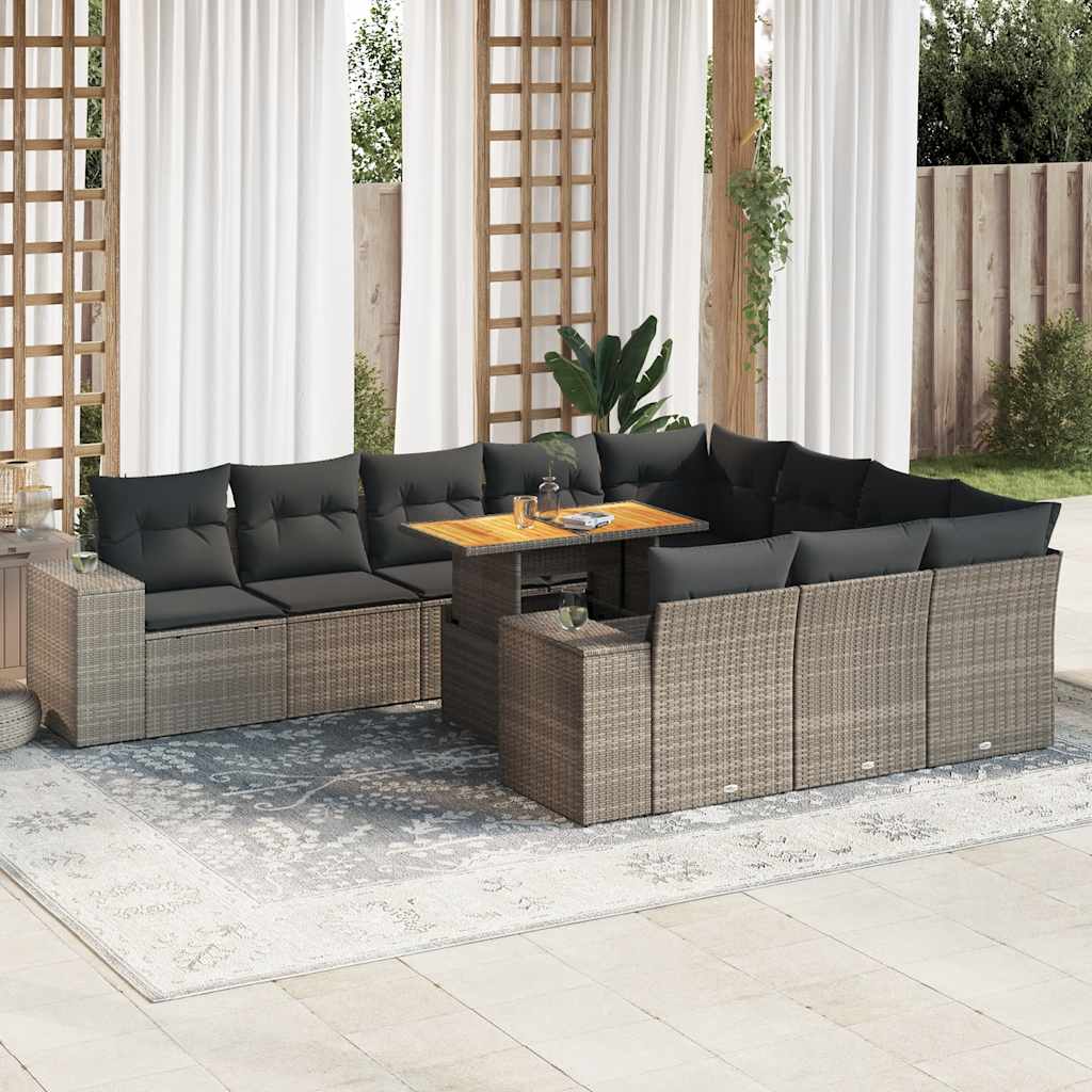 10 Piece Garden Sofa Set With Cushions Black Poly Rattan Acacia