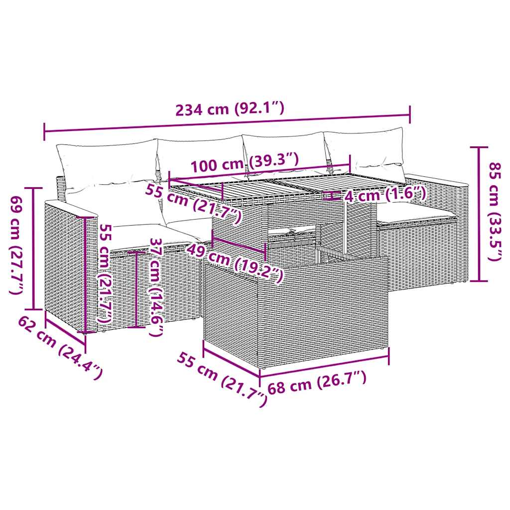 5 Piece Garden Sofa Set With Cushions Beige Poly Rattan Acacia