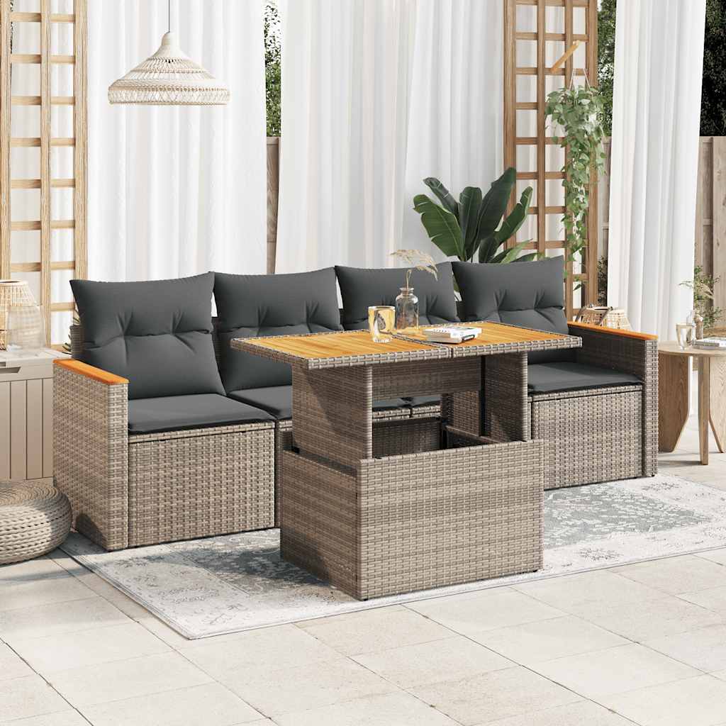 5 Piece Garden Sofa Set With Cushions Beige Poly Rattan Acacia
