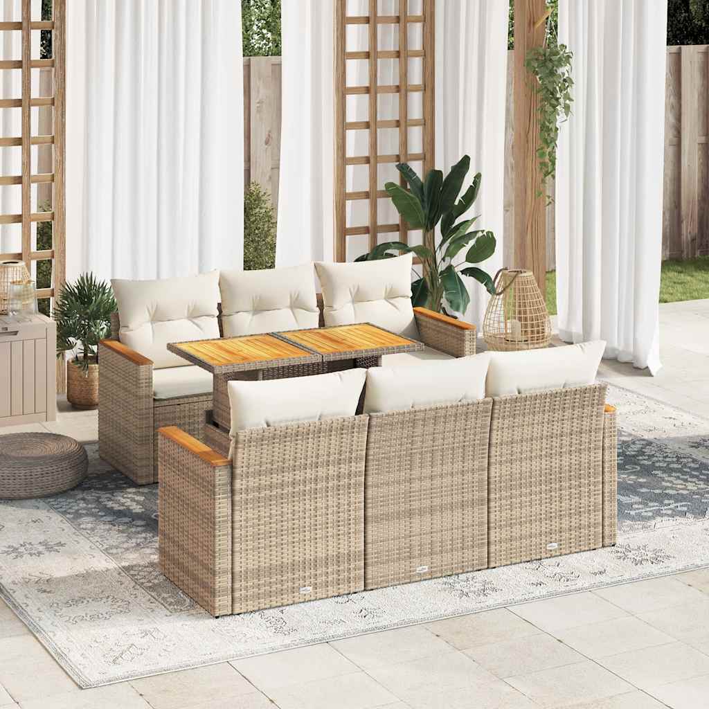 7 Piece Garden Sofa Set With Cushions Black Poly Rattan Acacia