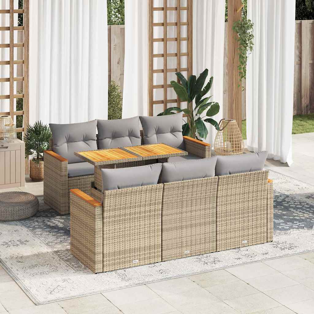 7 Piece Garden Sofa Set With Cushions Black Poly Rattan Acacia