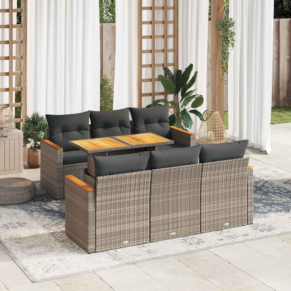 7 Piece Garden Sofa Set With Cushions Black Poly Rattan Acacia