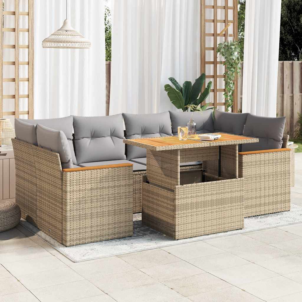 6 Piece Garden Sofa Set With Cushions Beige Poly Rattan Acacia