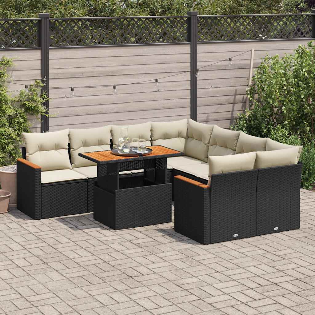 9 Piece Garden Sofa Set With Cushions Black Poly Rattan Acacia
