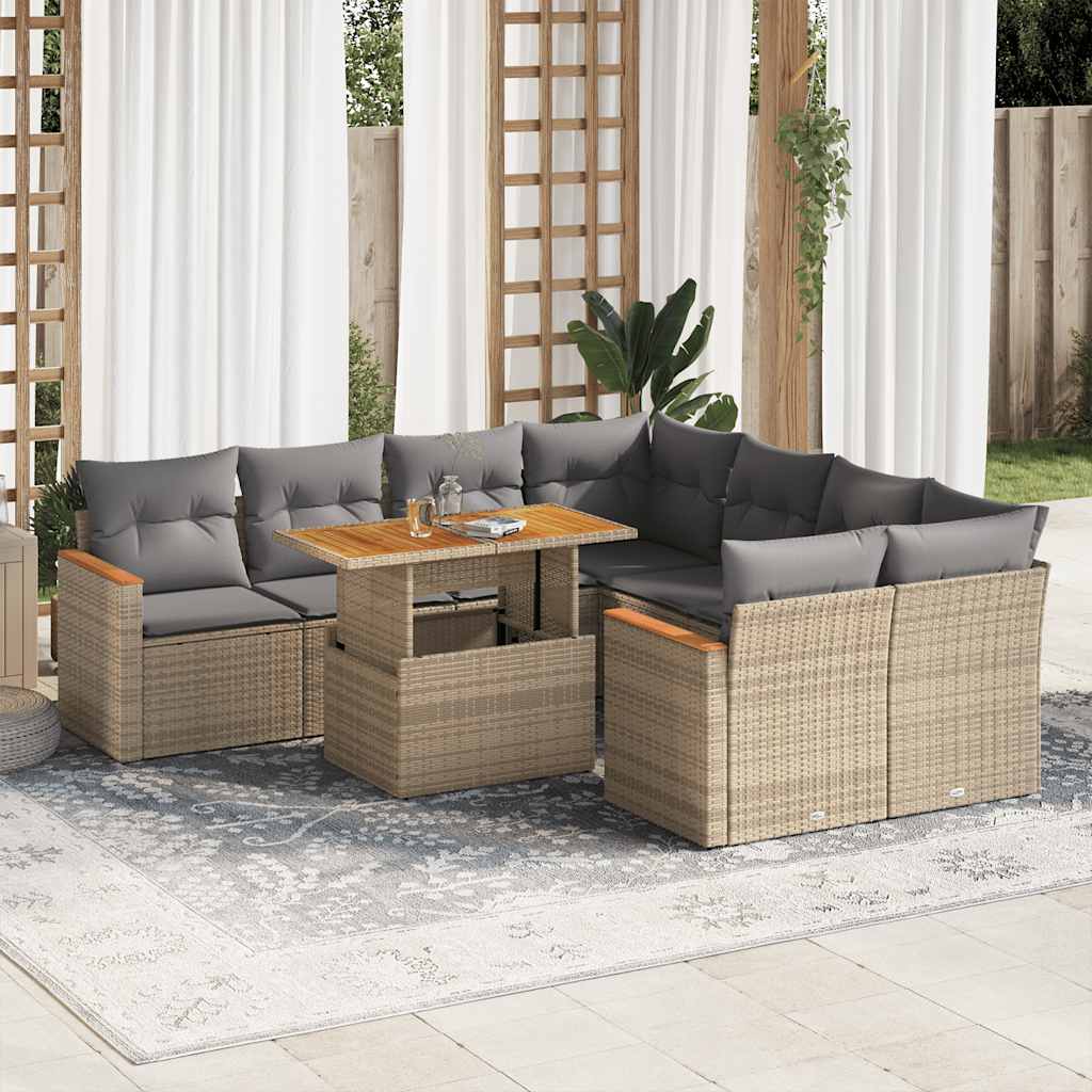 9 Piece Garden Sofa Set With Cushions Black Poly Rattan Acacia
