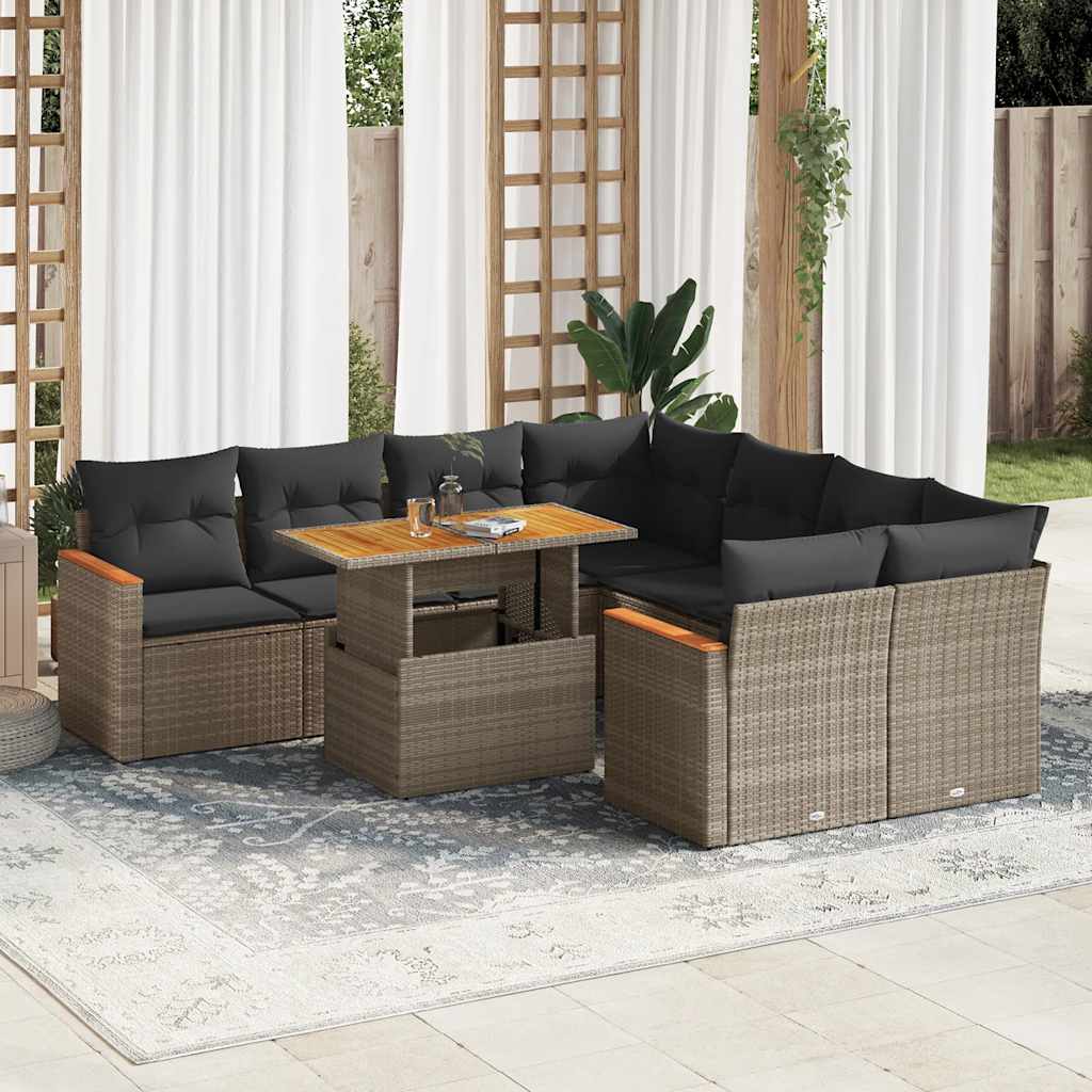 9 Piece Garden Sofa Set With Cushions Black Poly Rattan Acacia