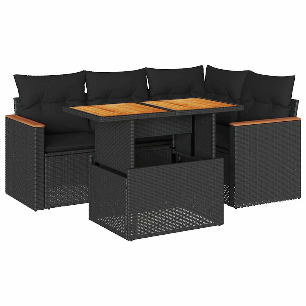 5 Piece Garden Sofa Set With Cushions Poly Rattan Acacia