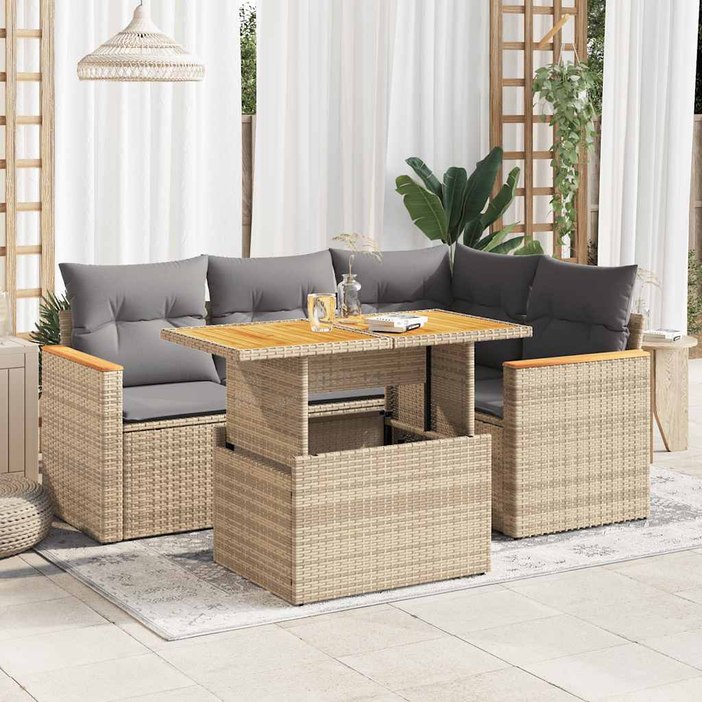 5 Piece Garden Sofa Set With Cushions Poly Rattan Acacia