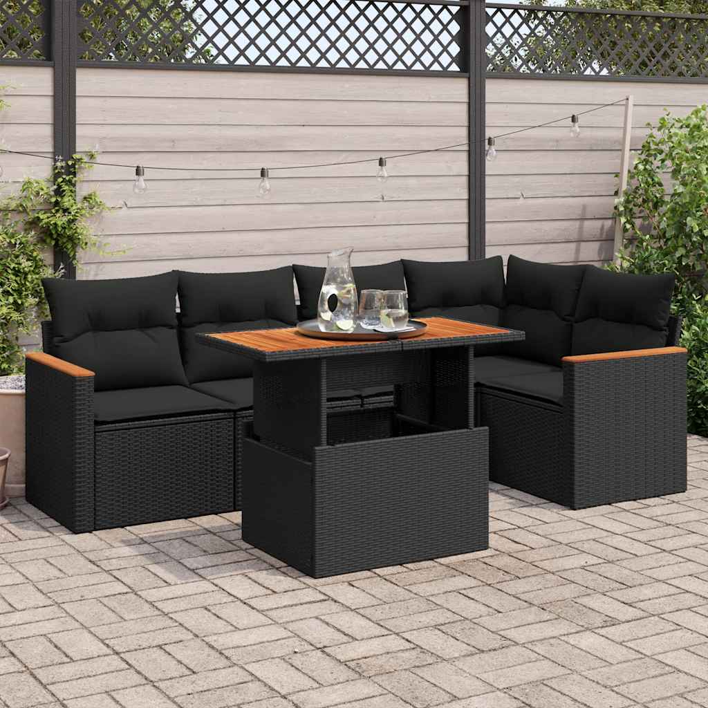 5 Piece Garden Sofa Set With Cushions Black Poly Rattan Acacia