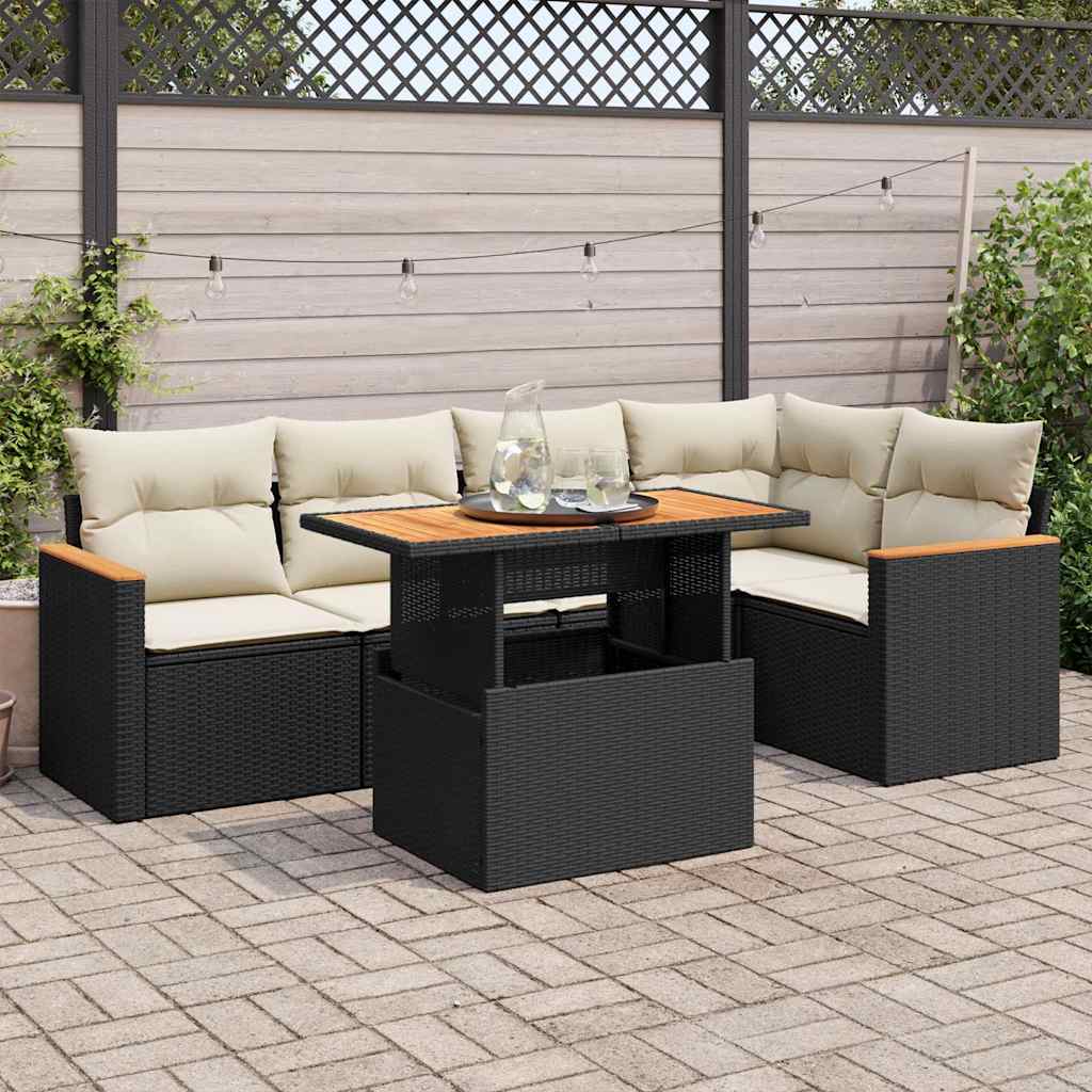 5 Piece Garden Sofa Set With Cushions Black Poly Rattan Acacia