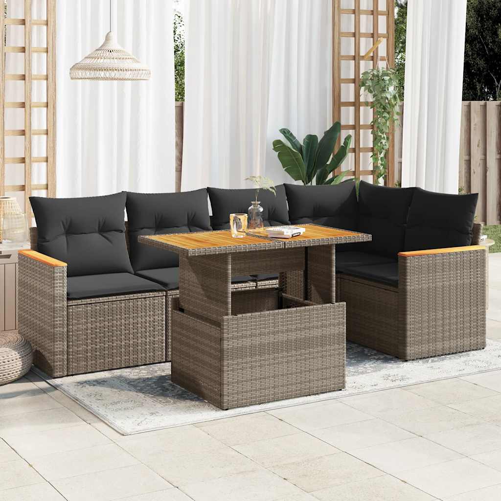5 Piece Garden Sofa Set With Cushions Black Poly Rattan Acacia