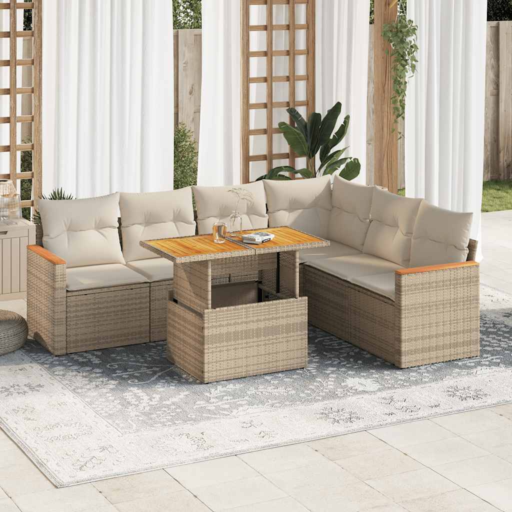 7 Piece Garden Sofa Set With Cushions Poly Rattan Acacia