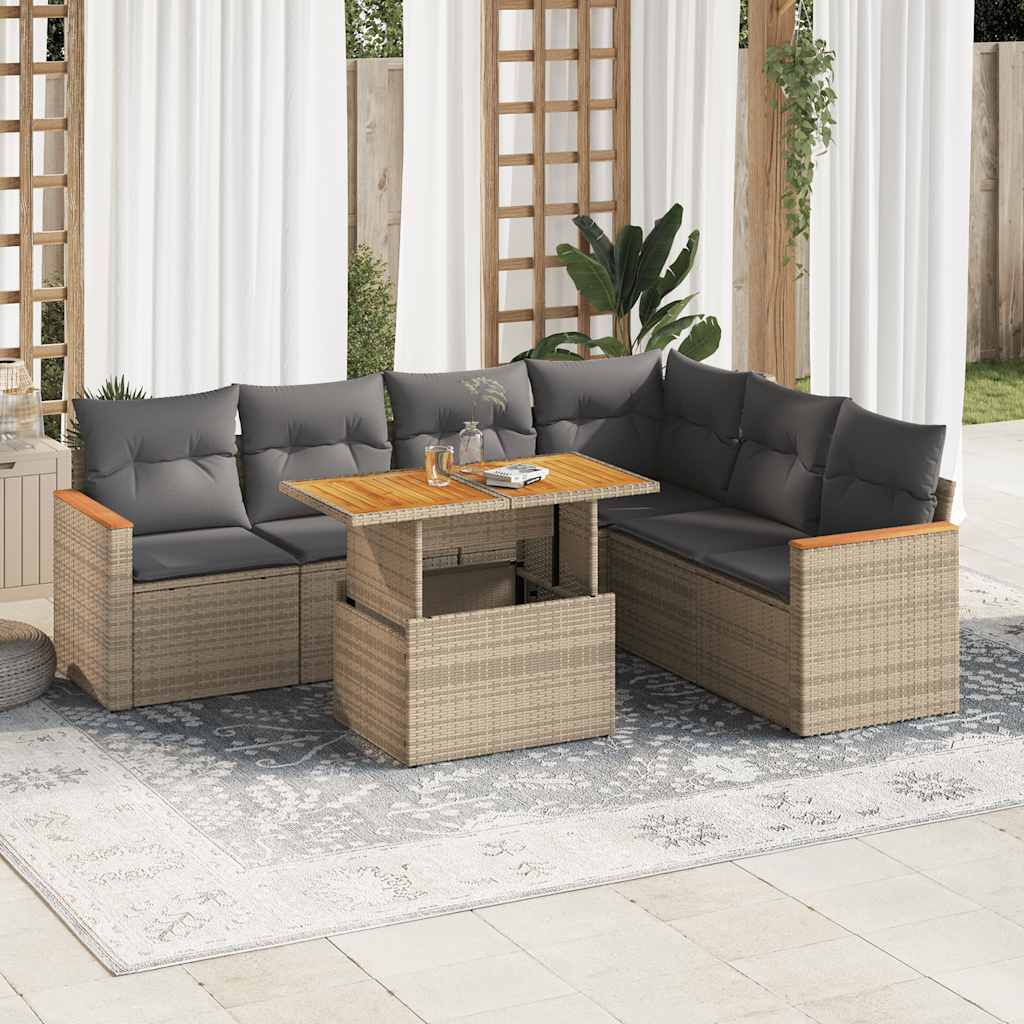 7 Piece Garden Sofa Set With Cushions Poly Rattan Acacia