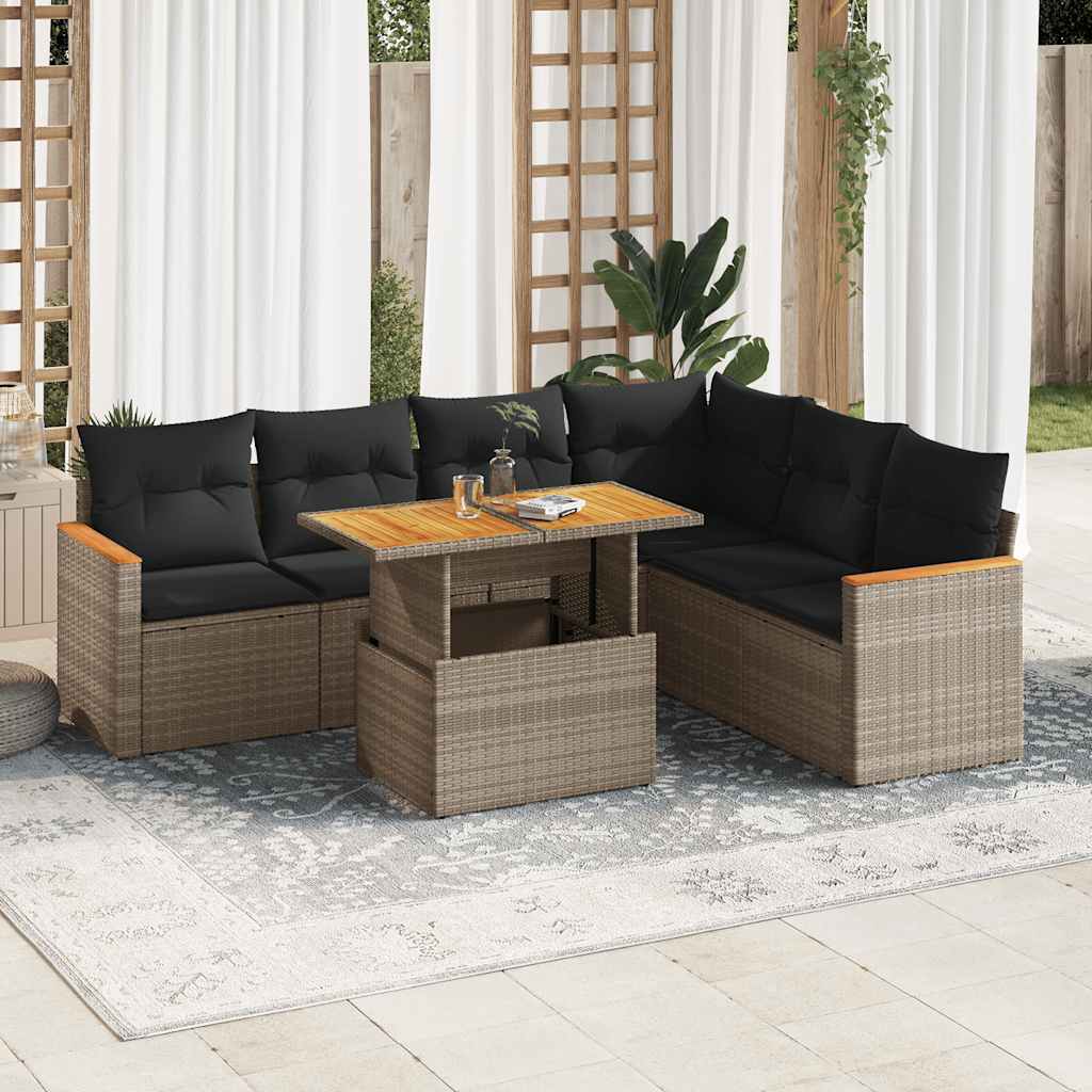 7 Piece Garden Sofa Set With Cushions Poly Rattan Acacia