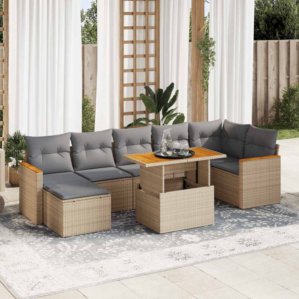 8 Piece Garden Sofa Set With Cushions Beige Poly Rattan Acacia