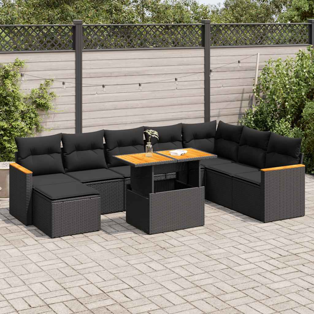 9 Piece Garden Sofa Set With Cushions Poly Rattan Acacia