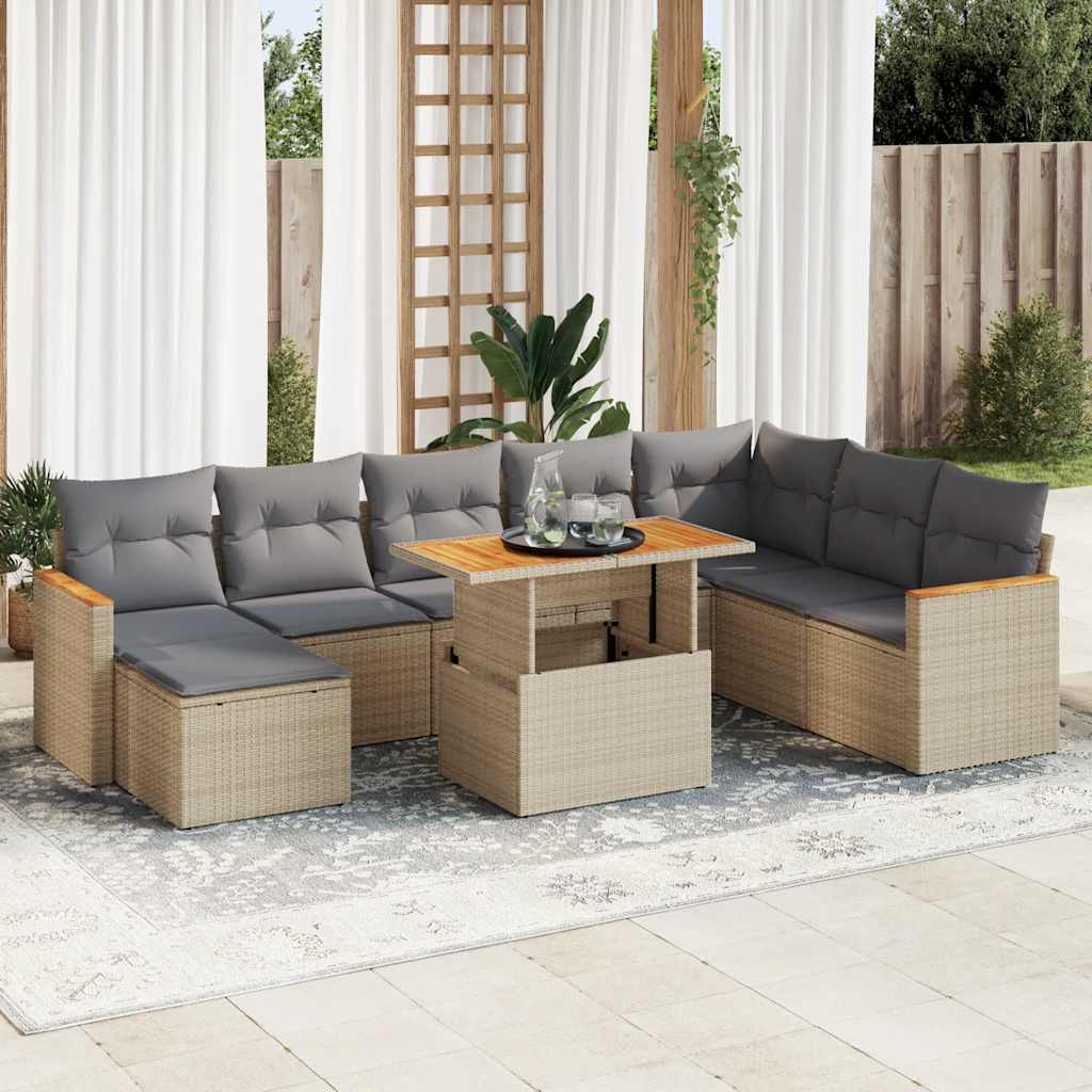 9 Piece Garden Sofa Set With Cushions Poly Rattan Acacia