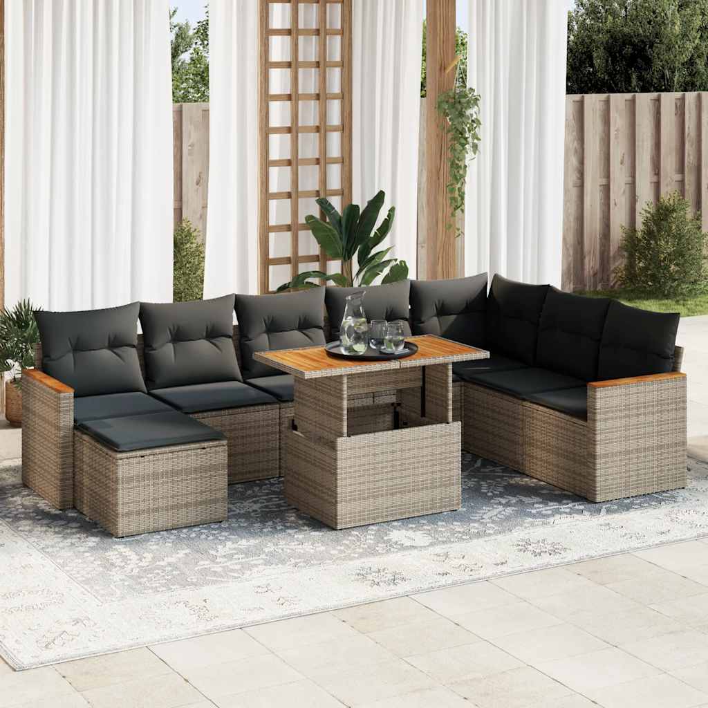 9 Piece Garden Sofa Set With Cushions Poly Rattan Acacia