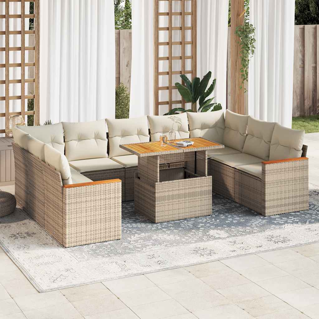 10 Piece Garden Sofa Set With Cushions Poly Rattan Acacia