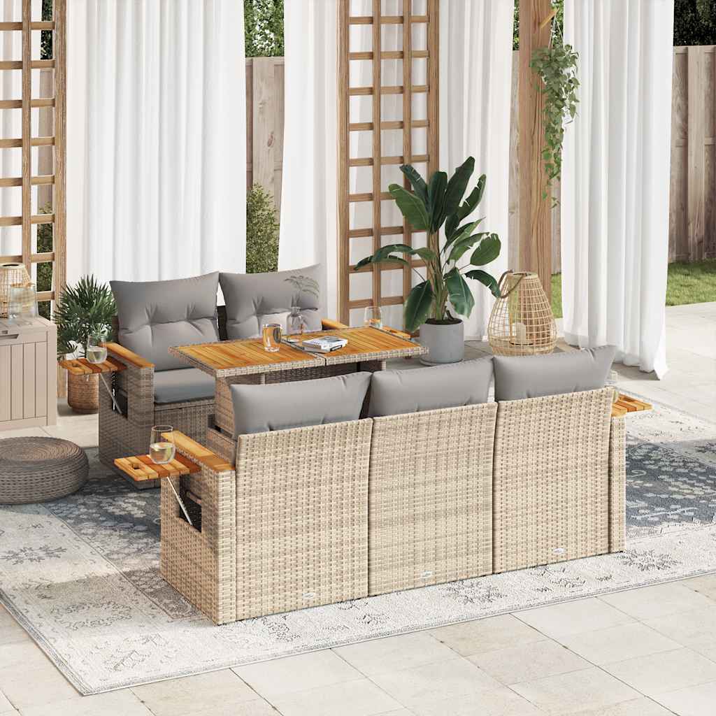 6 Piece Garden Sofa Set With Cushions Beige Poly Rattan Acacia