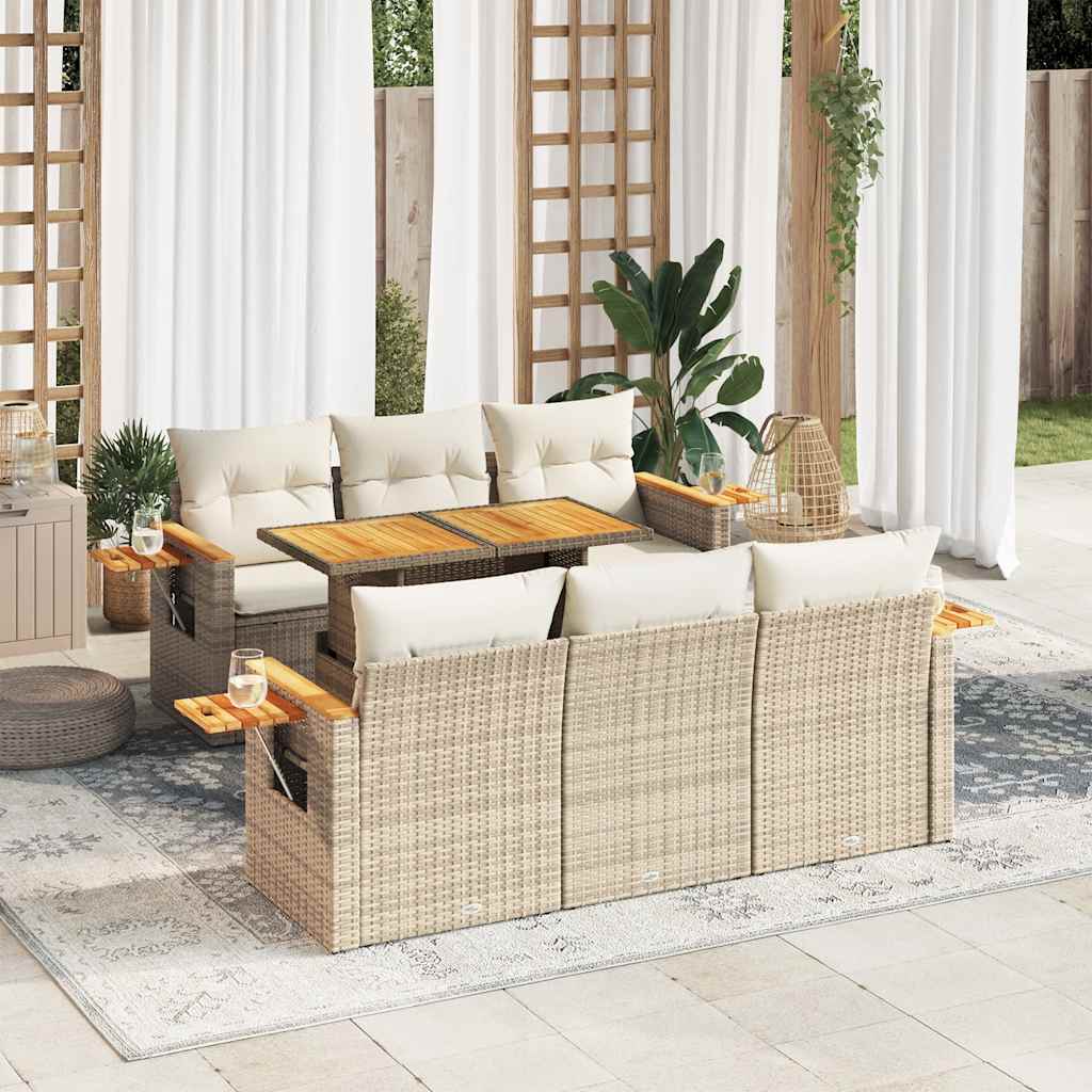 7 Piece Garden Sofa Set With Cushions Beige Poly Rattan Acacia