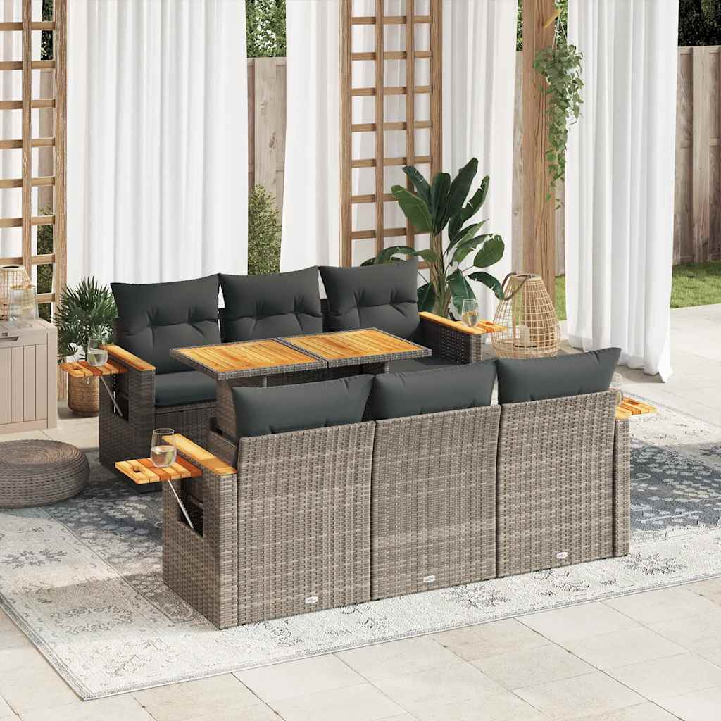 7 Piece Garden Sofa Set With Cushions Beige Poly Rattan Acacia