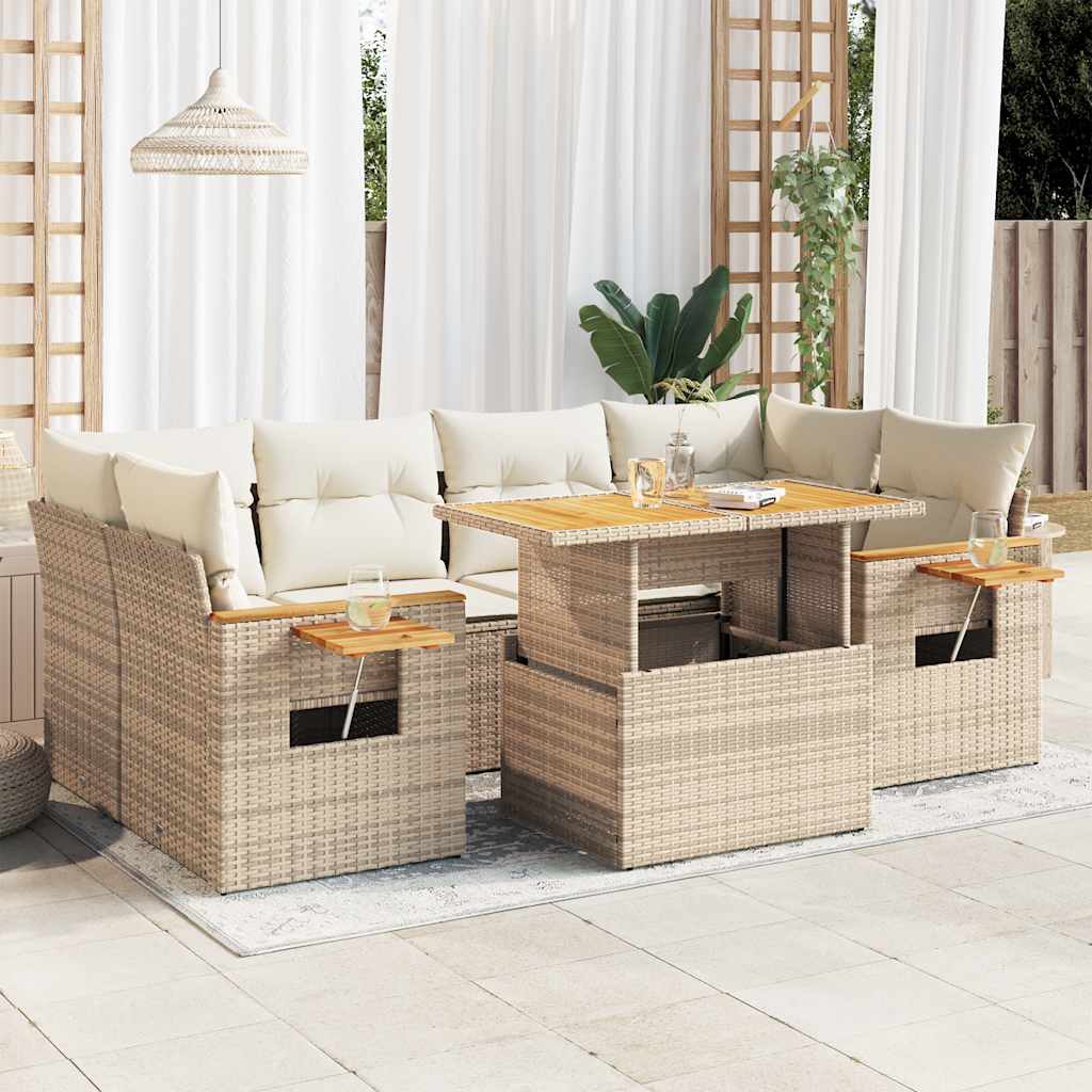 7 Piece Garden Sofa Set With Cushions Beige Poly Rattan Acacia