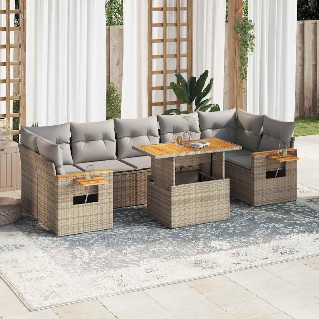8 Piece Garden Sofa Set With Cushions Beige Poly Rattan Acacia