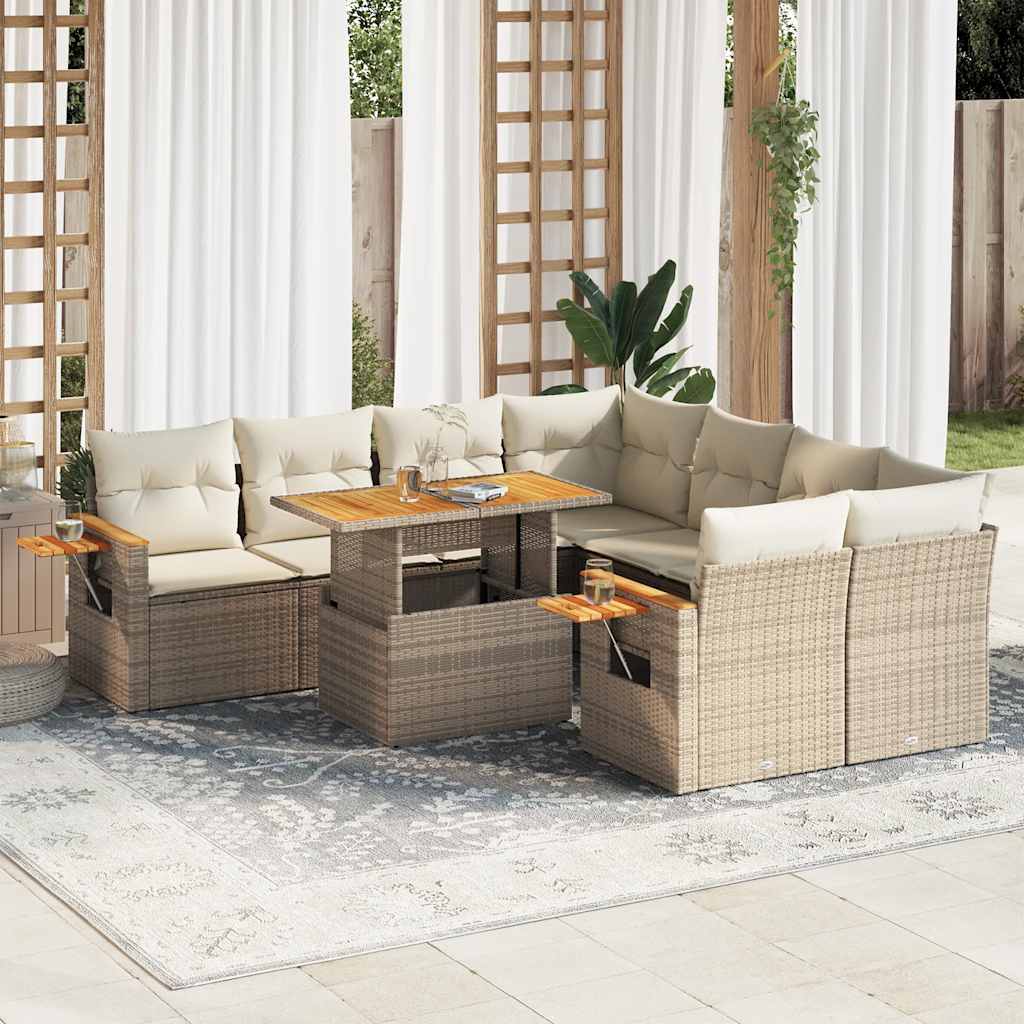 9 Piece Garden Sofa Set With Cushions Beige Poly Rattan Acacia