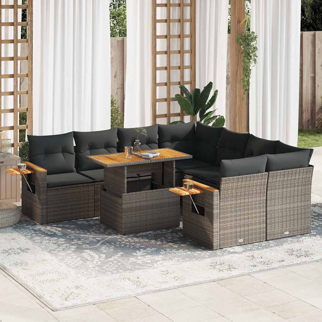 9 Piece Garden Sofa Set With Cushions Beige Poly Rattan Acacia