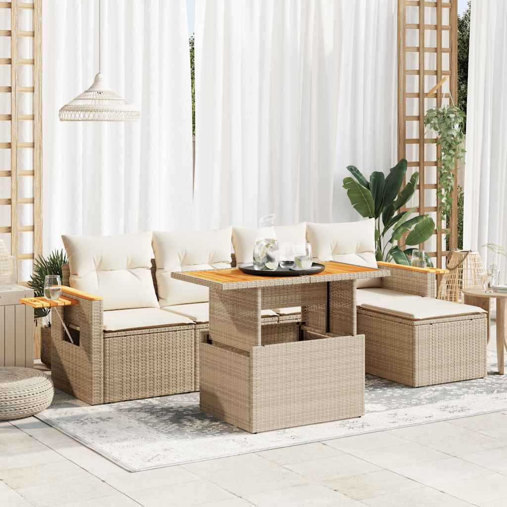 6 Piece Garden Sofa Set With Cushions Poly Rattan Acacia
