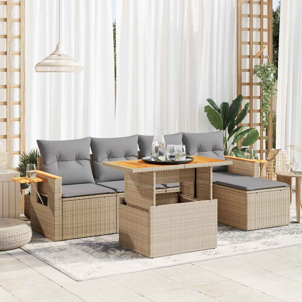 6 Piece Garden Sofa Set With Cushions Poly Rattan Acacia