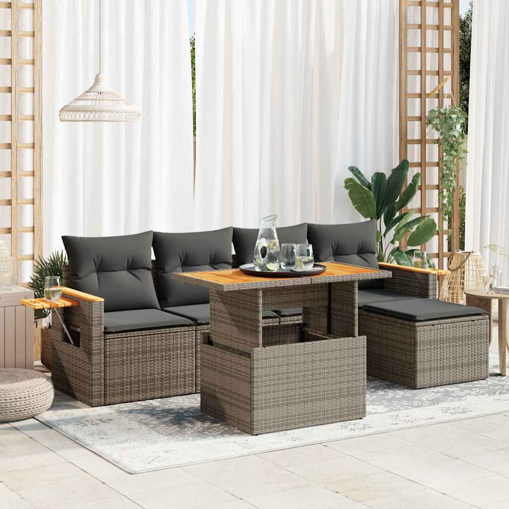 6 Piece Garden Sofa Set With Cushions Poly Rattan Acacia