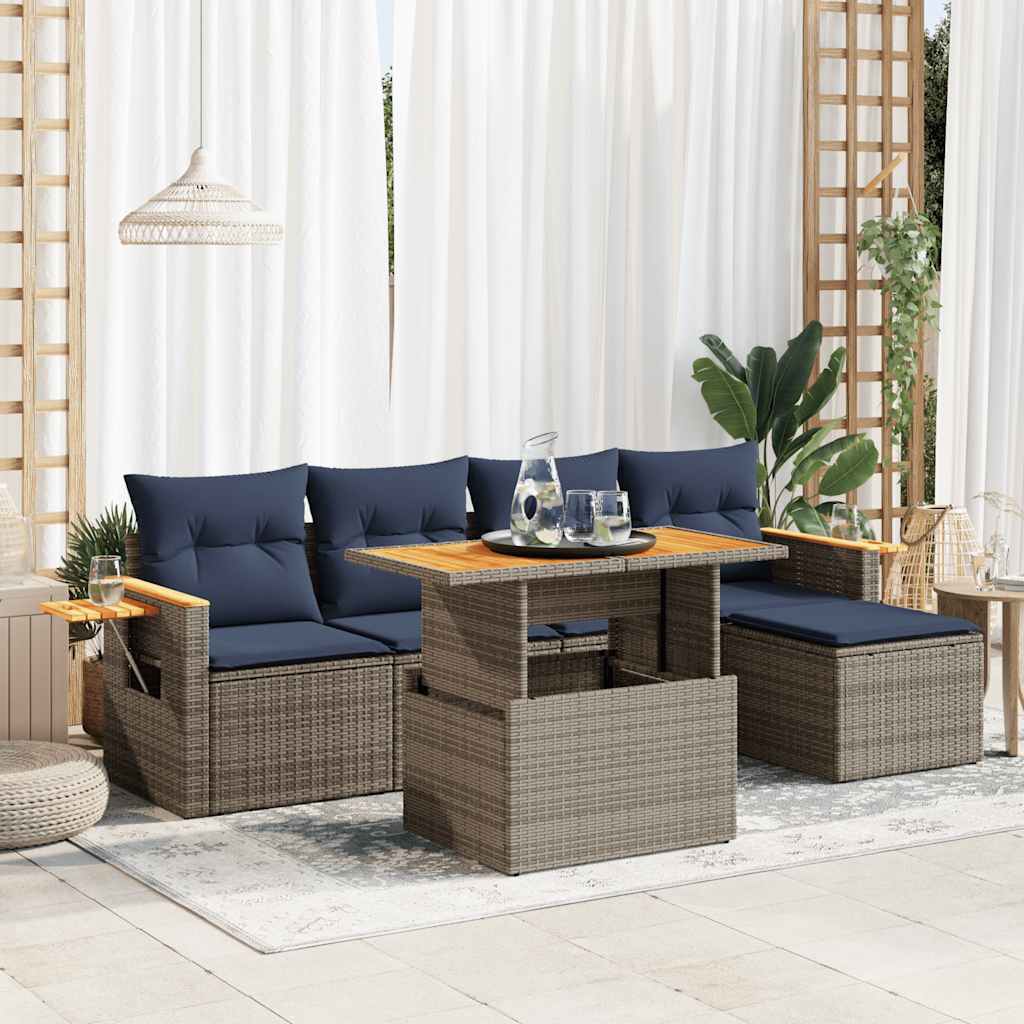 6 Piece Garden Sofa Set With Cushions Poly Rattan Acacia