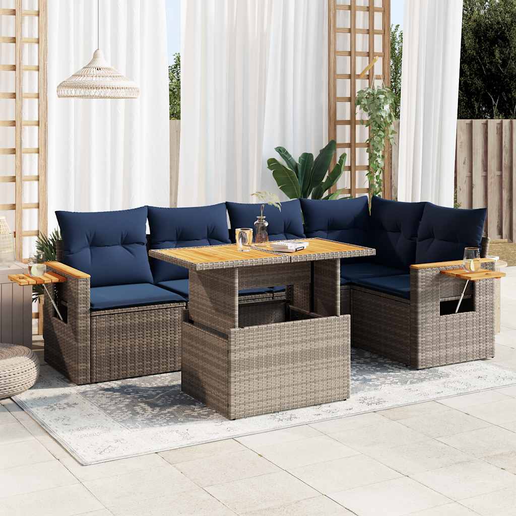 6 Piece Garden Sofa Set With Cushions Poly Rattan Acacia