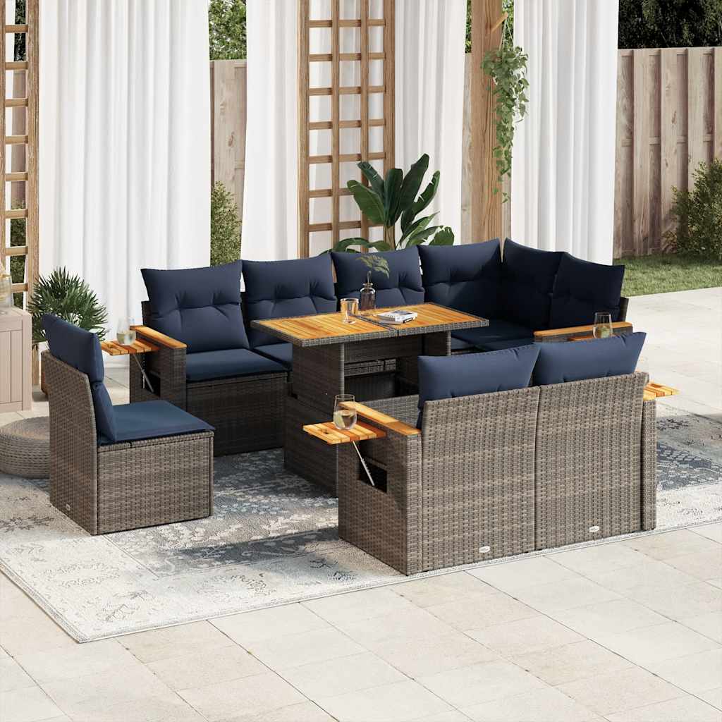 9 Piece Garden Sofa Set With Cushions Poly Rattan Acacia