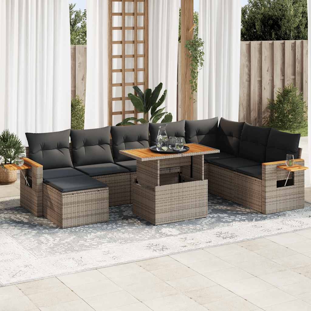 9 Piece Garden Sofa Set With Cushions Poly Rattan Acacia