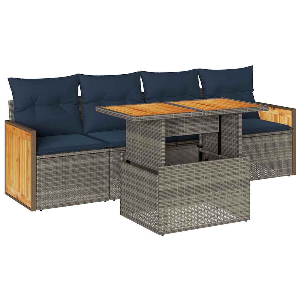 5 Piece Garden Sofa Set With Cushions Poly Rattan Acacia