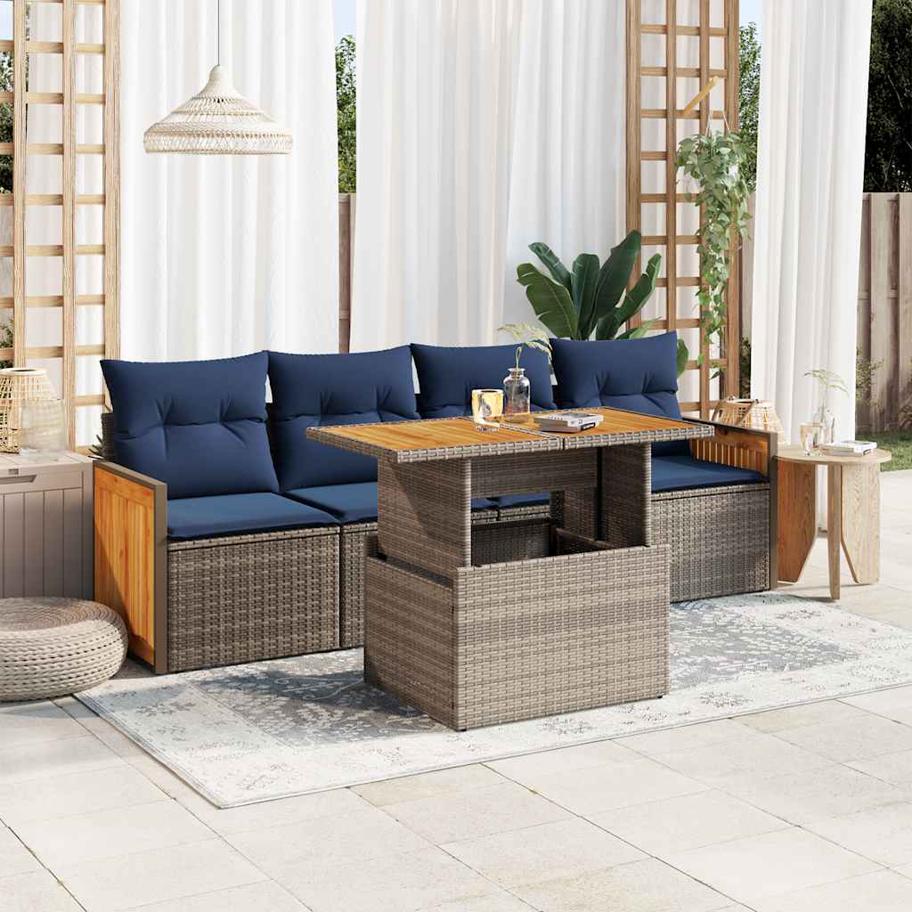 5 Piece Garden Sofa Set With Cushions Poly Rattan Acacia