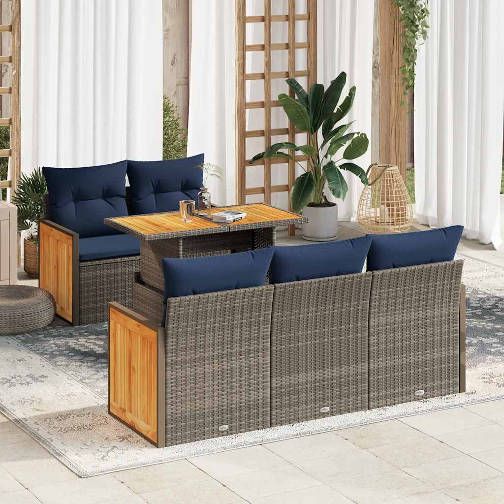 6 Piece Garden Sofa Set With Cushions Poly Rattan Acacia
