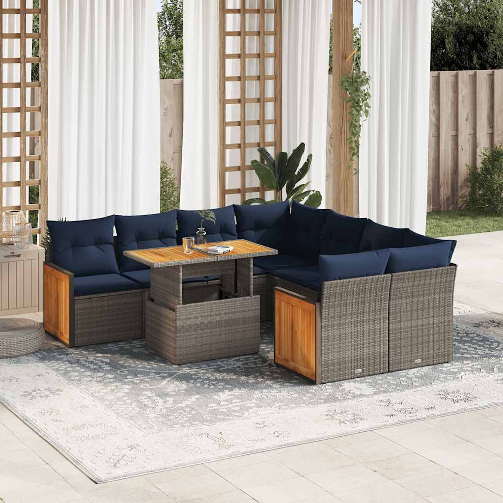 9 Piece Garden Sofa Set With Cushions Poly Rattan Acacia